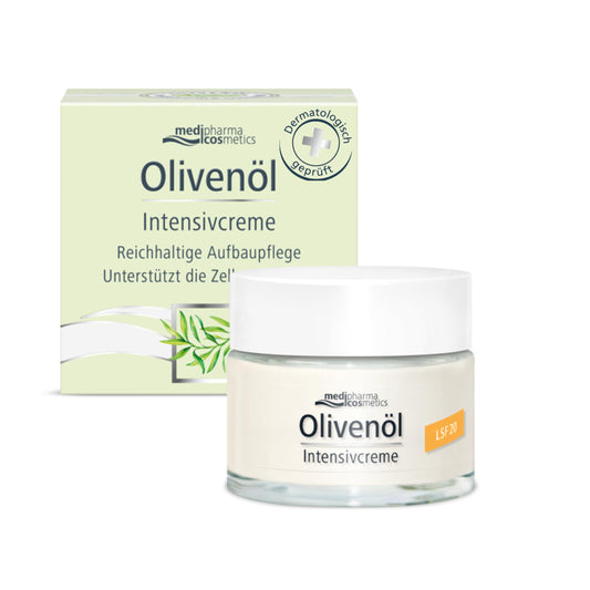 Saules krēms sejai medipharma cosmetics Olivenöl Intensivcreme LSF 20 ar auksti spiesta olīveļļa, A un E vitamīns, dienas kopšana ar UV aizsardzību, normālai līdz sausai ādai, 50 ml