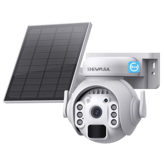 SHIWOJIA 2K Saules bezvadu drošības āra kamera, 360° PTZ WiFi CCTV kamera, PIR kustības detektors un alarms, krāsu nakts redzamība, divvirzienu audio, IP66 ūdensizturīga, SD/mākoņa