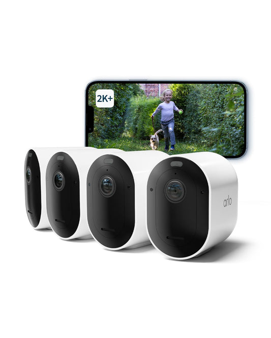 Arlo Pro 5 uzraudzības kamera āra WLAN, 2K+ HDR video, bezvadu, uzlabota krāsu nakts redzamība, 160° skata leņķis, prožektors, divvirzienu audio, trauksmes sirēna drošības testa periods, 4 gabalu komplekts, balta.