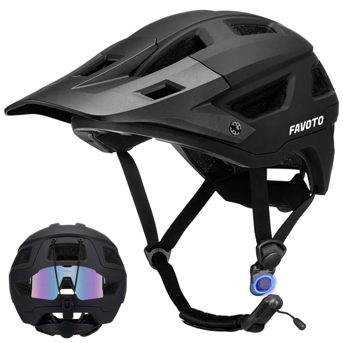 Šosejas un kalnu velosipēda ķivere Favoto, melna matēta, ar vizieri, viegla, M (55-58cm)