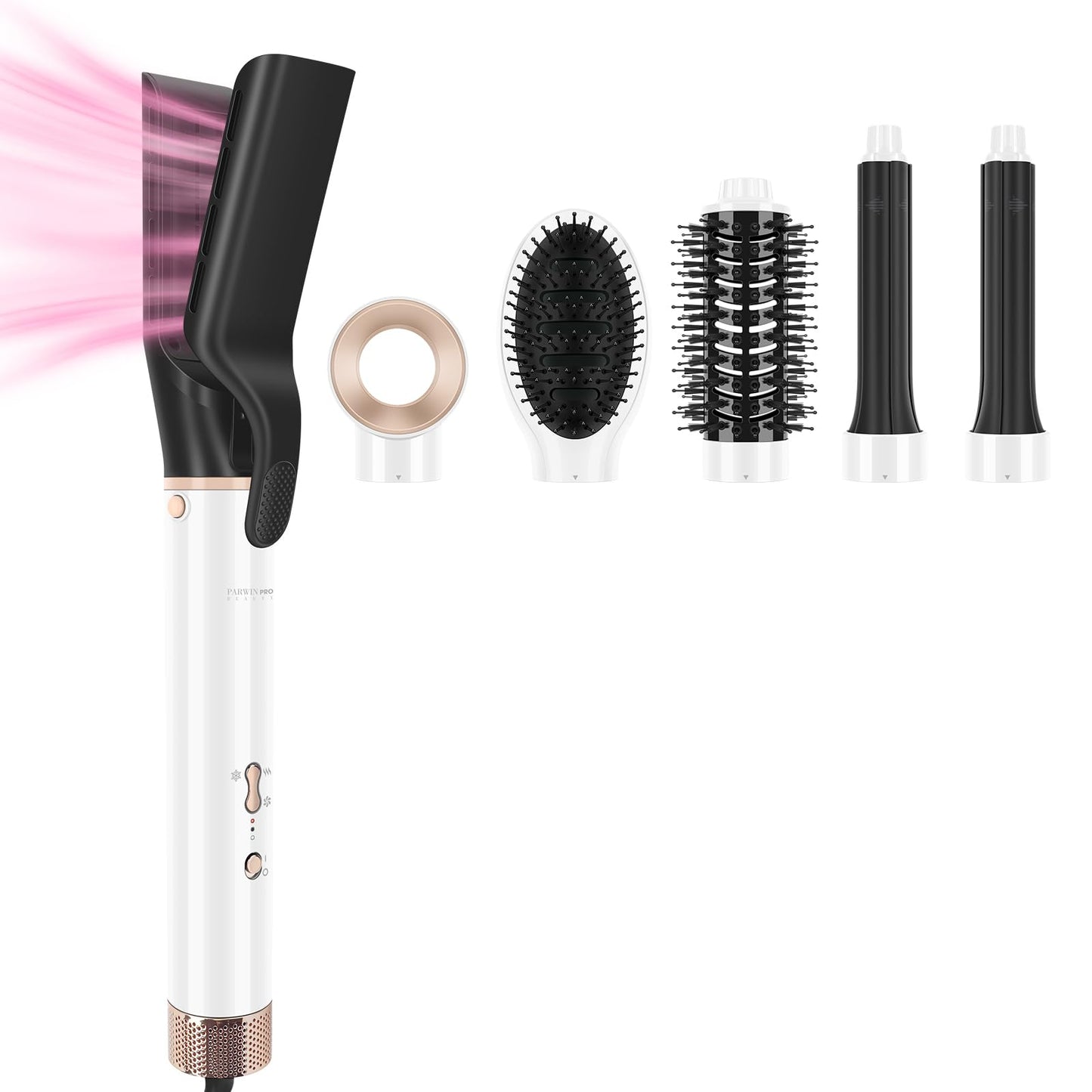 6 in 1 Airstyler komplekts PARWIN PRO BEAUTY, gaisa taisnotājs un Auto-Wrap lokšķēres uzgaļi, 110,000 RPM motors, žāvēšanai, taisnošanai, apjomam un lokām, balts