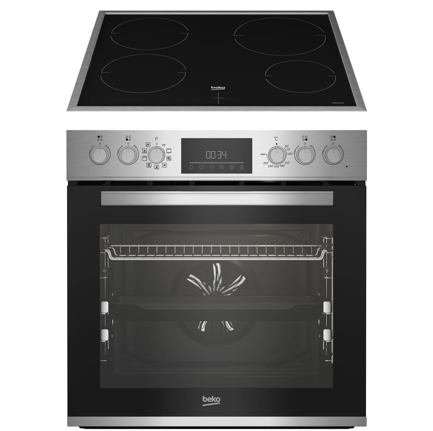 Iebūvējams cepeškrāsns komplekts beko BBUM12341XE, indukcijas plīts ar 4 gatavošanas zonām, cepeškrāsns ar 8 sildīšanas režīmiem, 72 l tilpums, picas funkcija, bērnu drošības funkcija, skārienvadība, melna/nerūsējošā tērauda