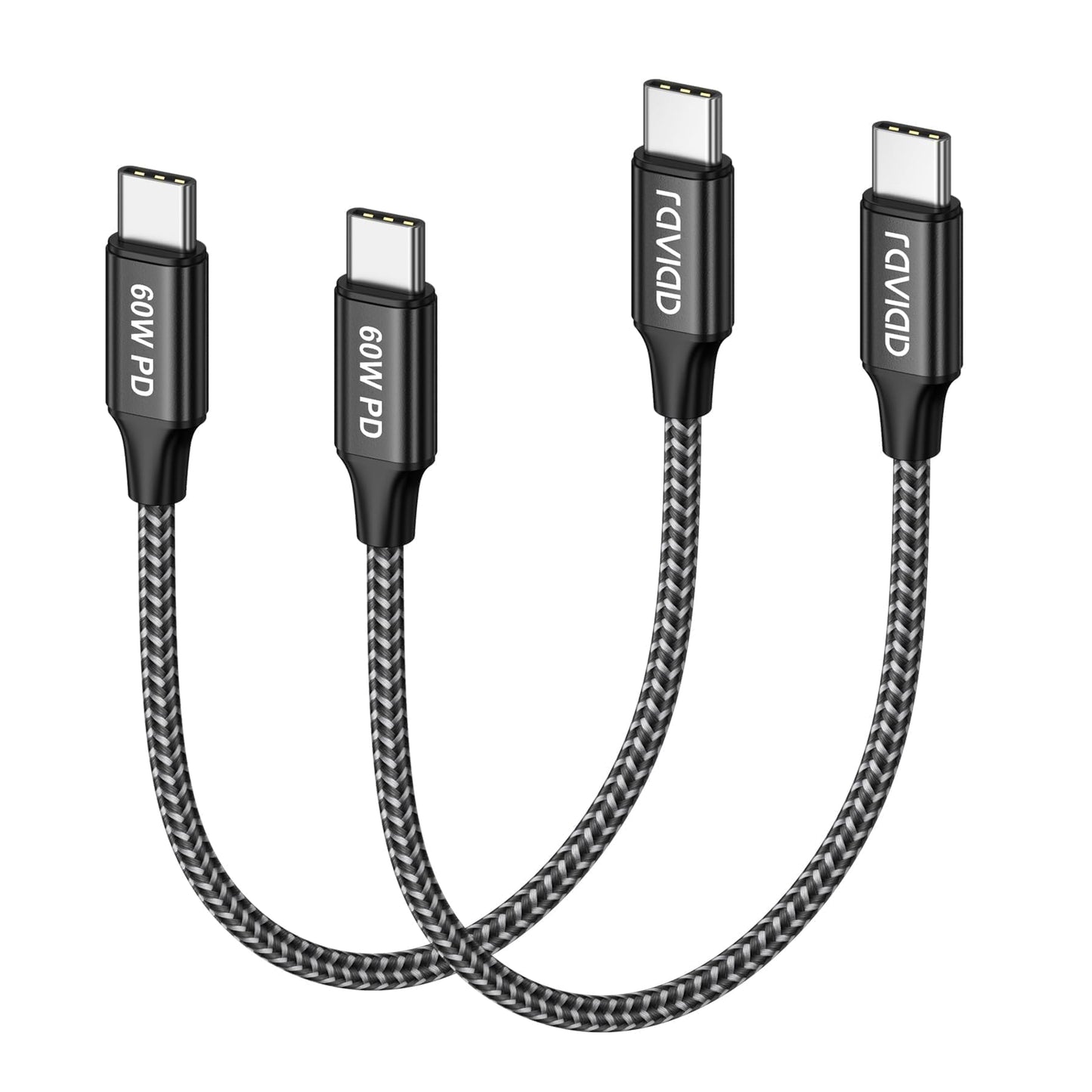 USB-C uz USB-C kabelis 0.3M, 2 gab., RAVIAD, 60W ātrās uzlādes kabelis