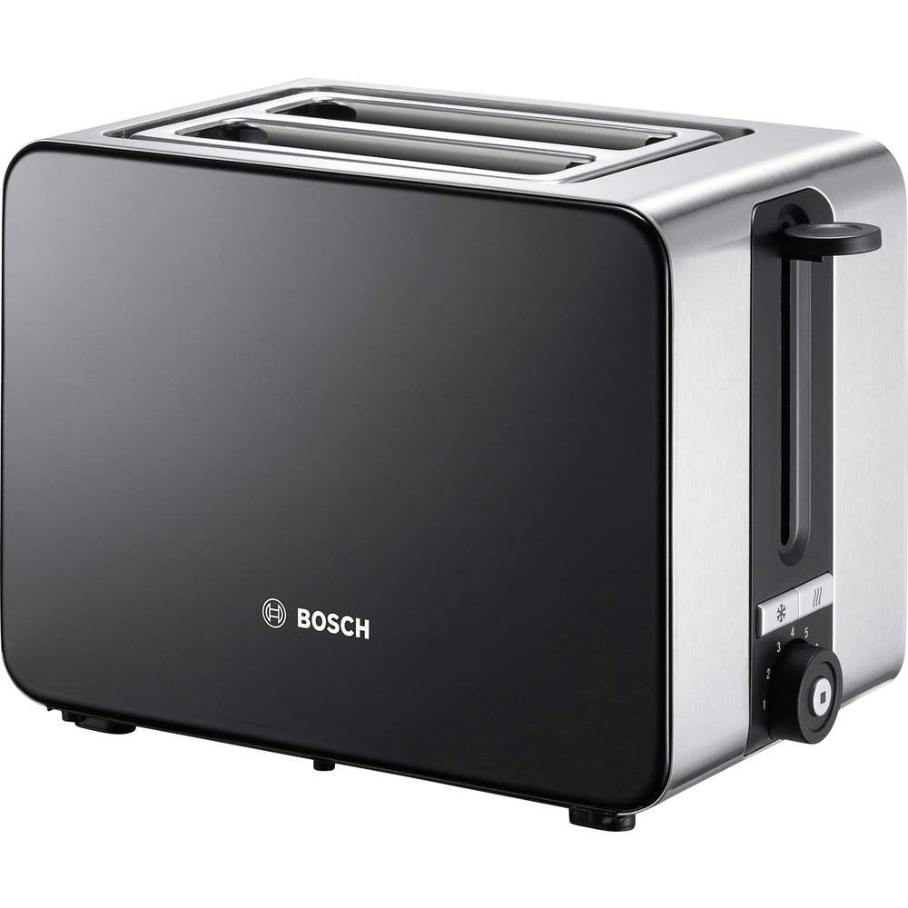 Bosch Kompakt tosteris ComfortLine TAT7203, integrēts nerūsējošā tērauda maizes uzkarsētājs, ar automātisko izslēgšanos, ar atkausēšanas funkciju, ideāli piemērots 2 šķēlēm tosta, 1050 W, nerūsējošais tērauds/melns