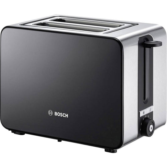 Bosch Kompakt tosteris ComfortLine TAT7203, integrēts nerūsējošā tērauda maizes uzkarsētājs, ar automātisko izslēgšanos, ar atkausēšanas funkciju, ideāli piemērots 2 šķēlēm tosta, 1050 W, nerūsējošais tērauds/melns