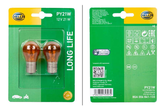 HELLA 8GA 006 841-133 Spuldze - PY21W - Ilgstoša līdz 3x ilgāks kalpošanas laiks - 12V - 21W - Pamatnes izpildījums: BAU15d - Blisteris - Daudzums: 2