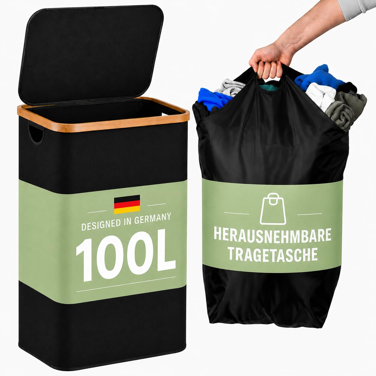 Veļas grozs ar vāku 100l, veļas savācējs, veļas kaste, veļas tvertne, augsts veļas grozs ar bambusa rāmi, uzglabāšanas kaste rotaļlietām, dvieļiem, dāvanu papīram