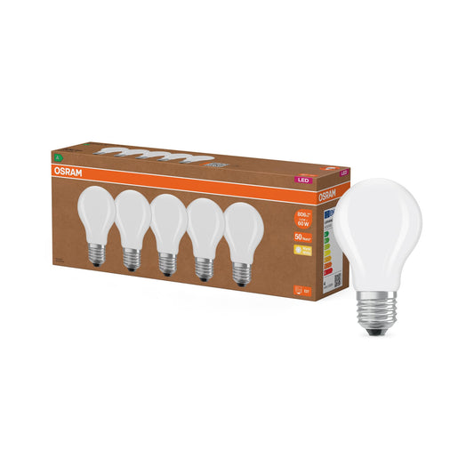 OSRAM LED spuldzes E27, A energoefektivitātes klase, 5 gab., aizstāj parastās 60 W spuldzes, silti balta gaisma 2700K, matēts stikls