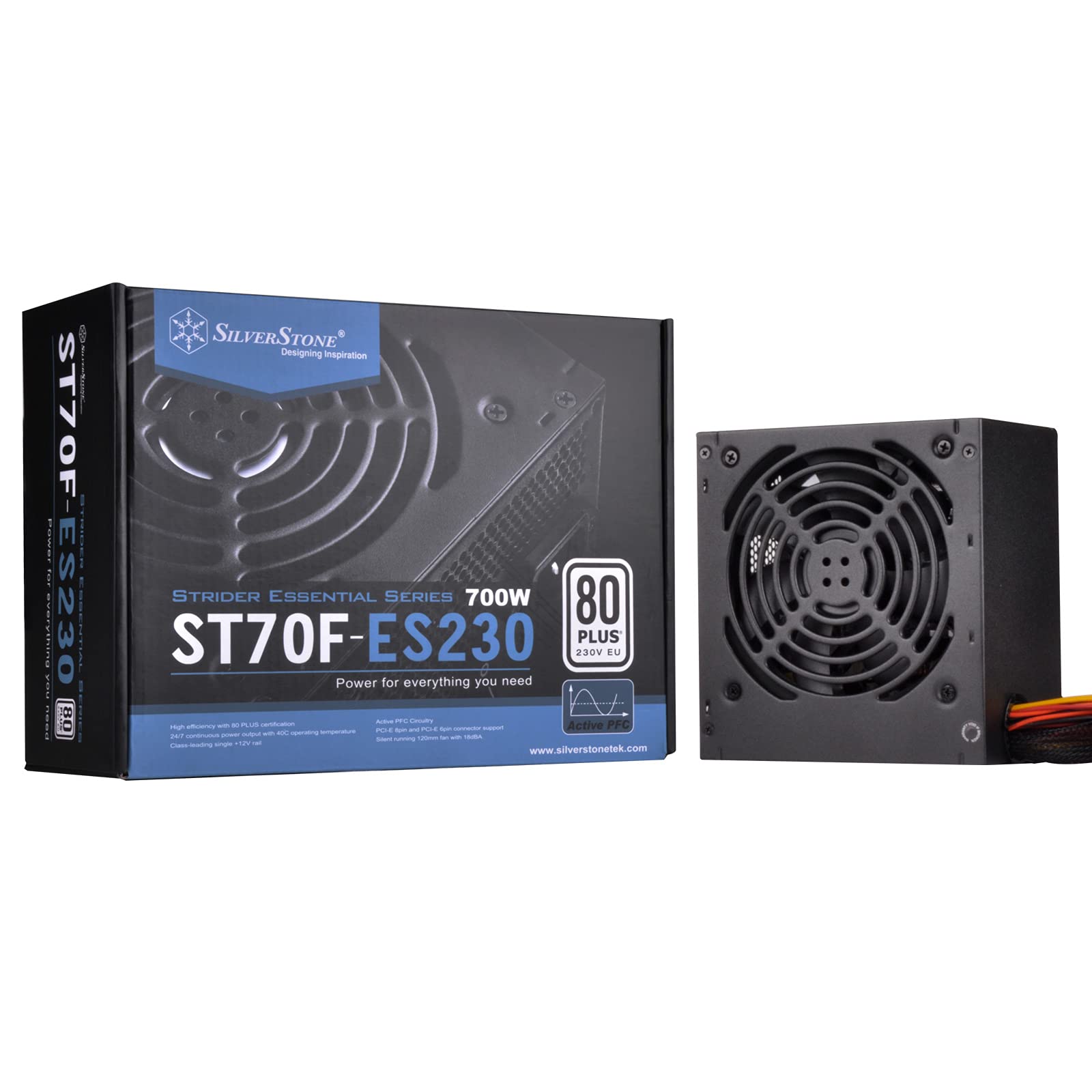 Silverstone SST-ST70F-ES230 - 700W 80 Plus ATX power supply with 120mm fan, designed for quiet operation in EU.