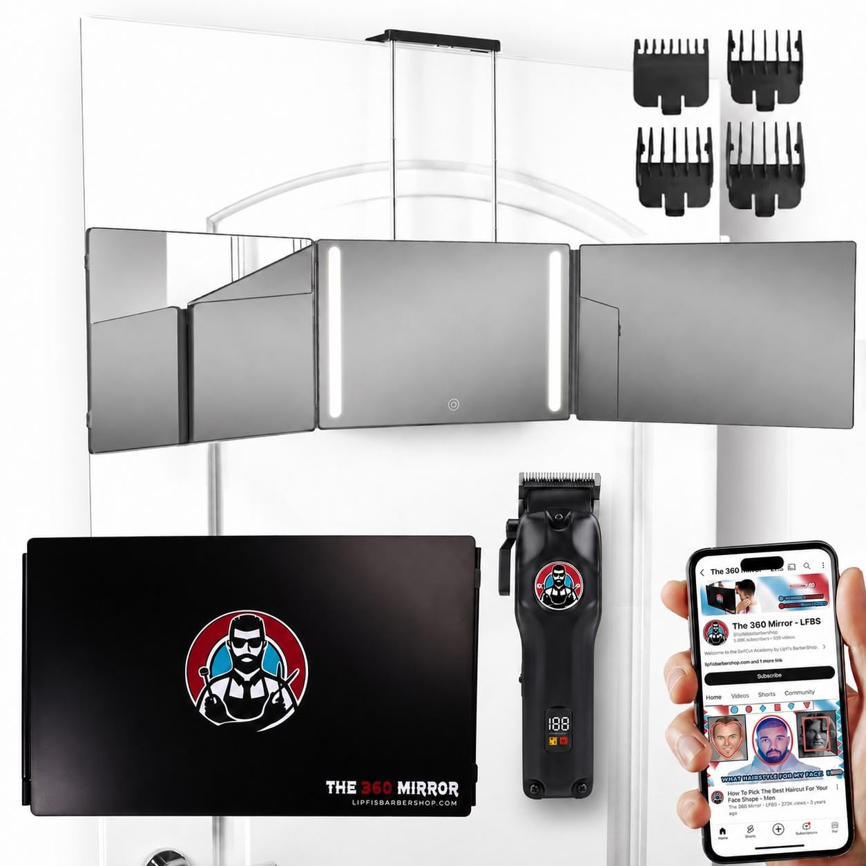 360 Mirror LED komplekts matu griešanai, 3 virzienu trīskāršs spogulis, friziera spogulis