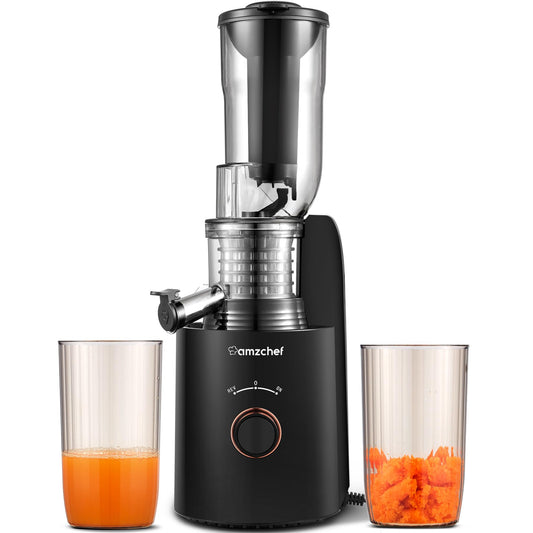 AMZCHEF sulas spiede lēna sulas spiede ar 2 patentētām filtriem - 250W sulas spiede dārzeņiem un augļiem testu uzvarētājs - auksti spiestas sulas spiede 85MM plats šahts, kluss motors, atpakaļgaitas funkcija - sudraba