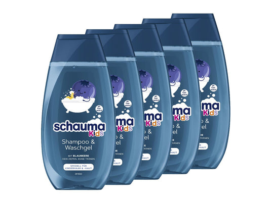 Bērnu šampūns un dušas želeja Schauma Schwarzkopf Kids ar melleņu aromātu, 5x 250 ml, vieglākai matu ķemmēšanai