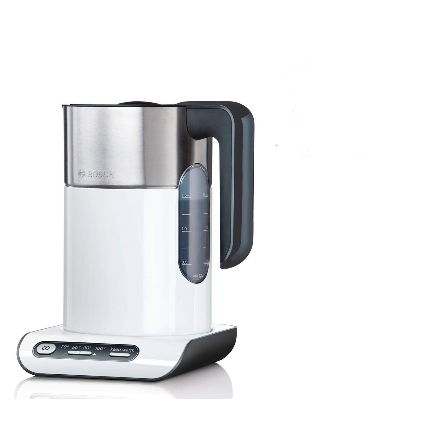 Bosch bezvadu tējkanna TWK8611P - automātiskā izslēgšanās, temperatūras izvēle, 1,5 L, 2400 W, balta.
