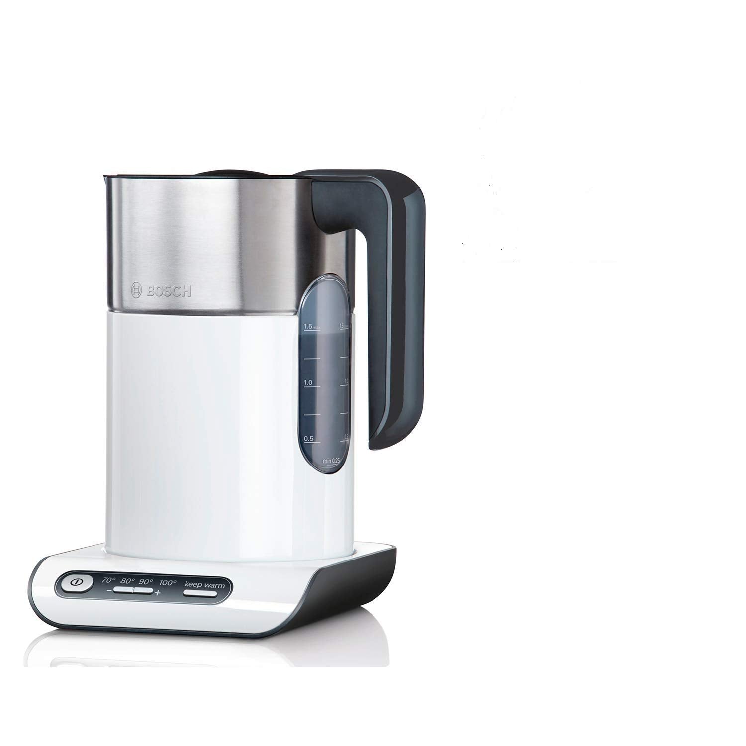 Bosch bezvadu tējkanna TWK8611P - automātiskā izslēgšanās, temperatūras izvēle, 1,5 L, 2400 W, balta.