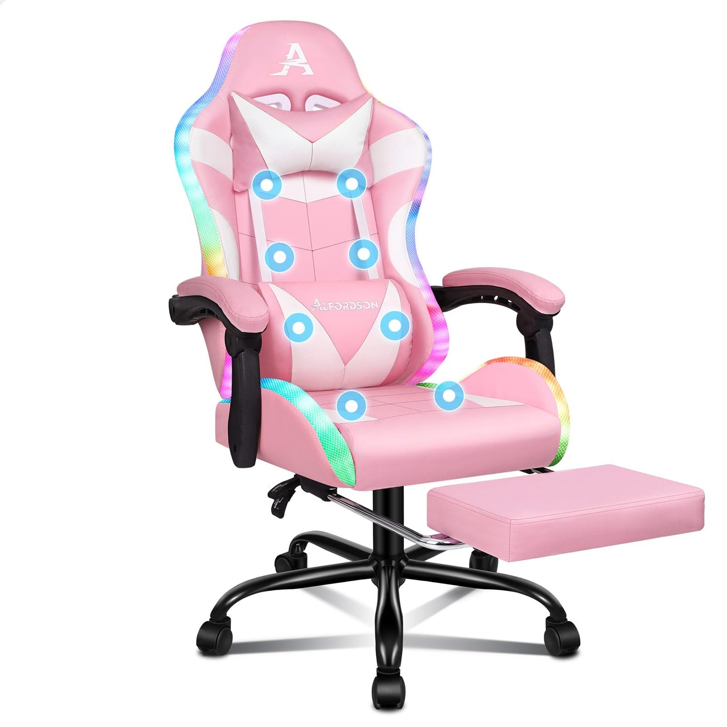 Gaming krēsls ALFORDSON ar masāžas funkciju un LED apgaismojumu, ergonomisks biroja krēsls, 360° grozāms, 150° atzveltnes slīpums, regulējams augstums, izvelkams kāju balsts, 180 kg, PU āda, rozā