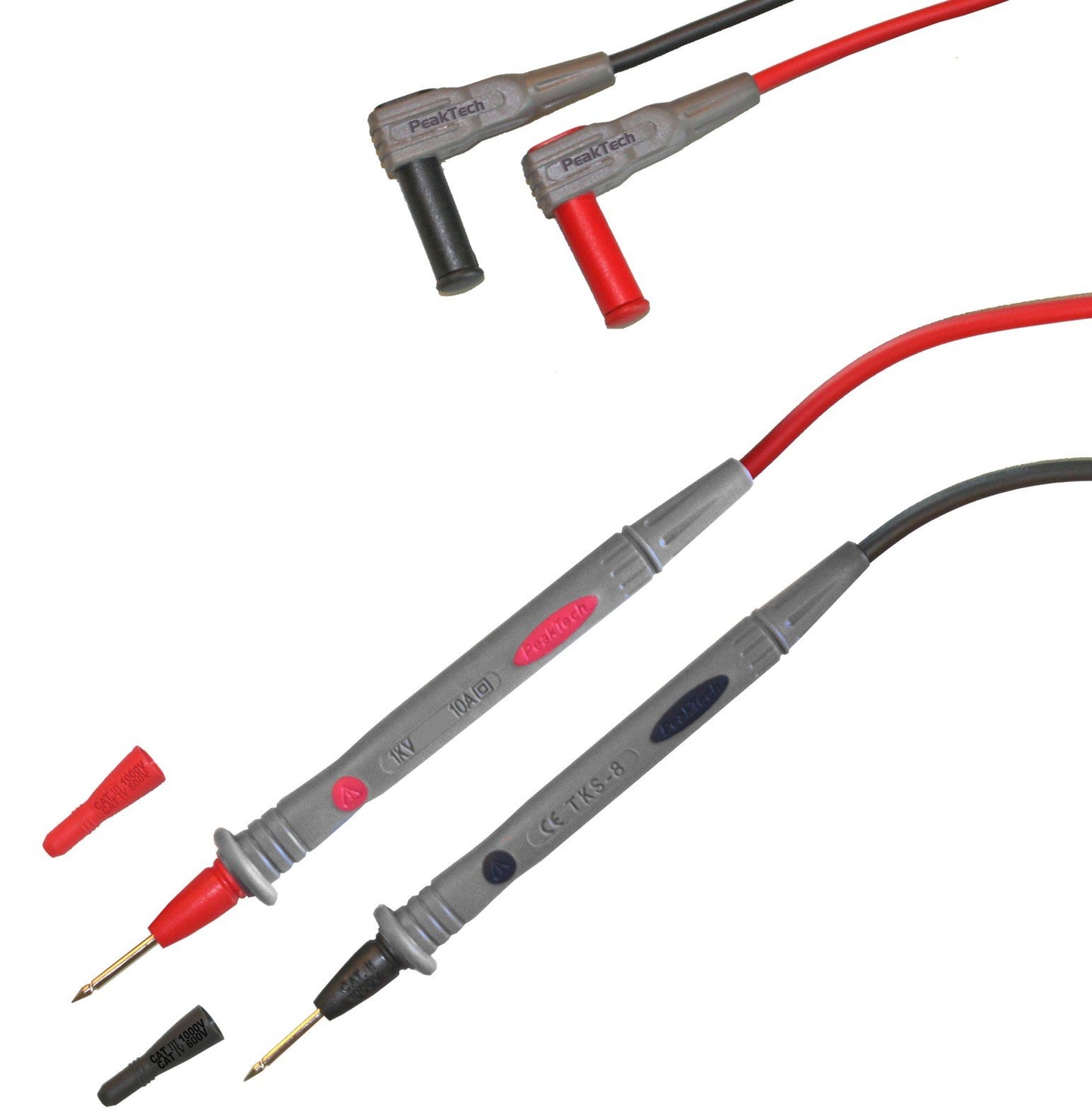 Multimetra mērījumu vadi PeakTech TKS-8, 120 cm, 4mm, 1000 V AC/DC, 10A, CAT III/CAT IV, sarkans/pelēks