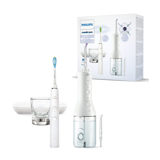 Philips Sonicare bezvadu Power Flosser mutes skalošanas ierīce un DiamondClean 9000 elektriskā zobu birste – Tīri zobi, tīra smaganu un aplikuma noņemšana, balta (modelis HX3866/41)