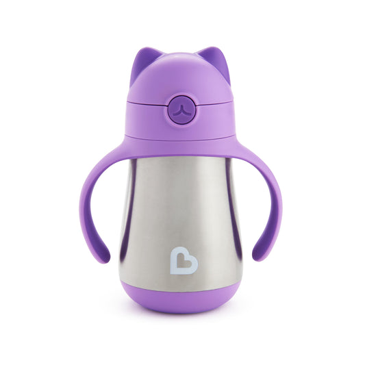 Dzeramkrūze ar salmiņu Munchkin no nerūsējošā tērauda, Cool Cat dizains, izolēta divsienu krūze bērniem, 18+ mēn., violeta, 8oz/237ml