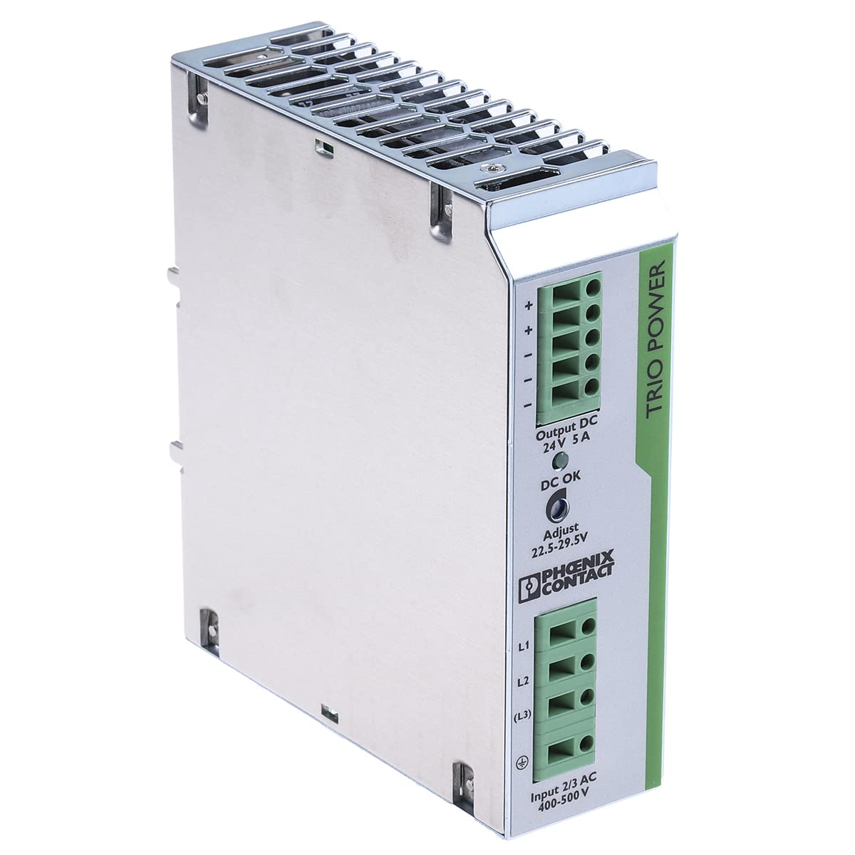 Phoenix Contact TRIO-PS/3AC/24DC/5 - 120W 3-phase DIN rail power supply, 400V AC input, 24V DC output, 5A current.