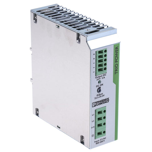 Phoenix Contact TRIO-PS/3AC/24DC/5 - 120W 3-phase DIN rail power supply, 400V AC input, 24V DC output, 5A current.