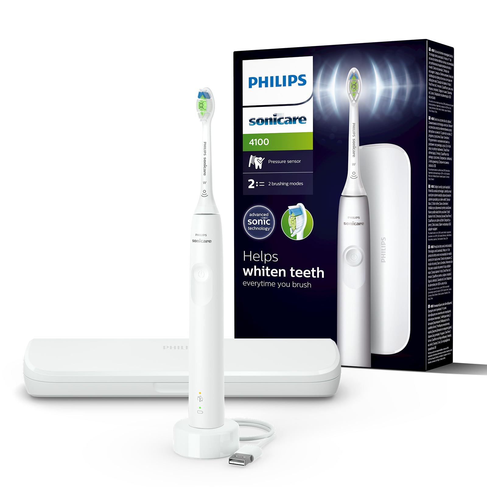 Philips Sonicare 4100 – Sonicare elektriskā zobu birste pieaugušajiem ar 1 x Philips W2 Optimal White Sonic birstes galviņu baltā krāsā, plānā ceļojuma somā un USB lādētāju (modelis HX3683/33)