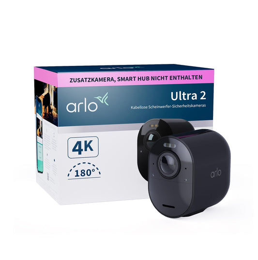 Arlo Ultra 2 uzraudzības kamera āra WLAN, bezvadu, 4K UHD kvalitātes produkts, 180° redzes lauks, prožektors, krāsu nakts redzamība, kustību sensors, trauksmes sirēna, papildu kamera ar akumulatoru, nepieciešams SmartHub.
