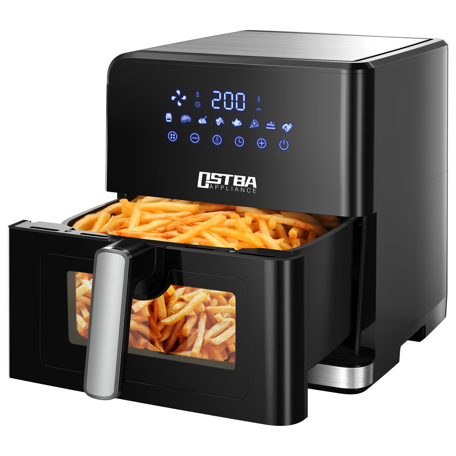 XXL karstā gaisa fritieris 7,5L - skatu logs, 8 programmas, 80℃-200℃ temperatūras regulēšana, 1700W, melns