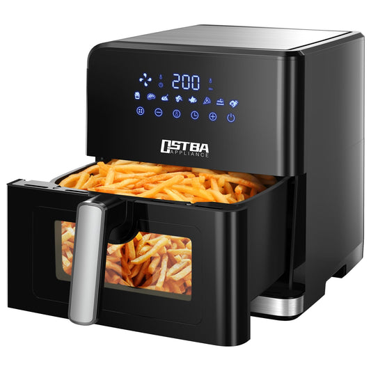 XXL karstā gaisa fritieris 7,5L - skatu logs, 8 programmas, 80℃-200℃ temperatūras regulēšana, 1700W, melns