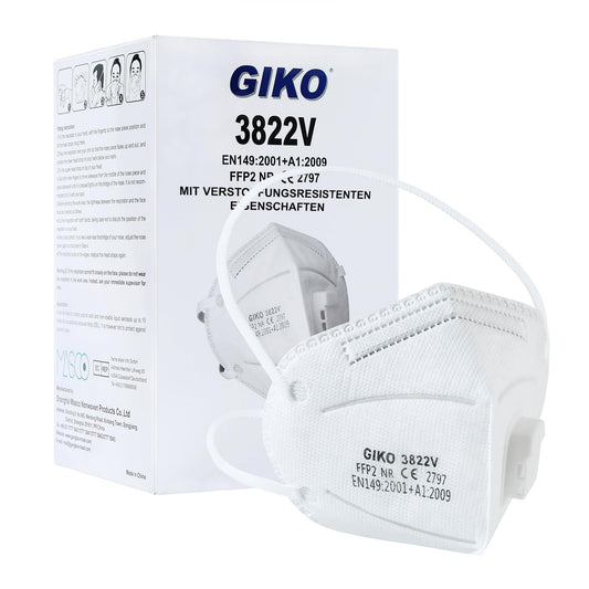 FFP2 maska ar ventilu, GIKO, 20 gab. balta, 5 aizsardzības slāņi, galvas lente, putekļu maska