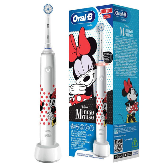 Oral-B Junior elektriskā zobu birste bērniem no 6 gadu vecuma, ar 2 tīrīšanas režīmiem un vizuālo 360° spiediena kontroli zobu kopšanai, izstrādājusi Braun, Minnie Mouse, balta, 1 gabals (1 iepakojums)