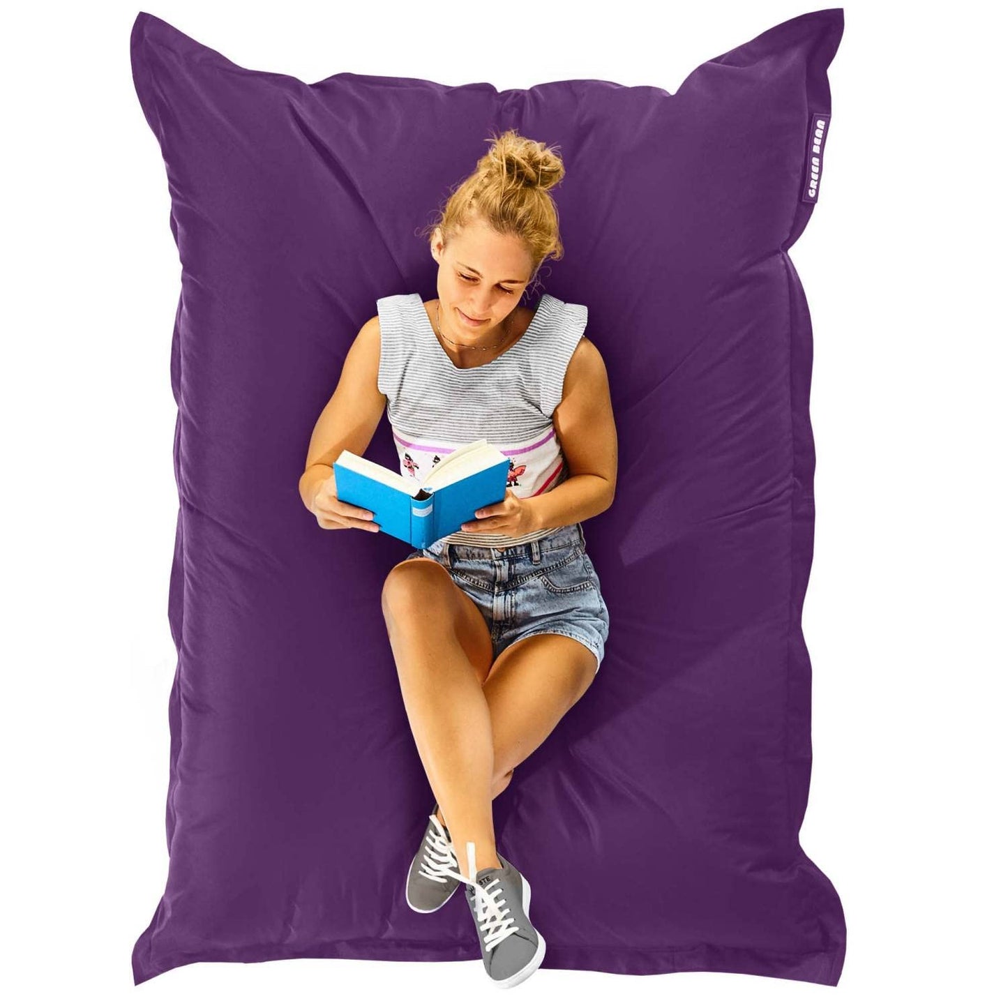 Pufa Green Bean XXL 140x180 cm iekšai un āra lietošanai – ūdensizturīga sēžammaiss pieaugušajiem un bērniem, 380 L EPS lodīšu pildījums, mazgājams pārvalks, bean bag sēžamspilvens dārzam, violets