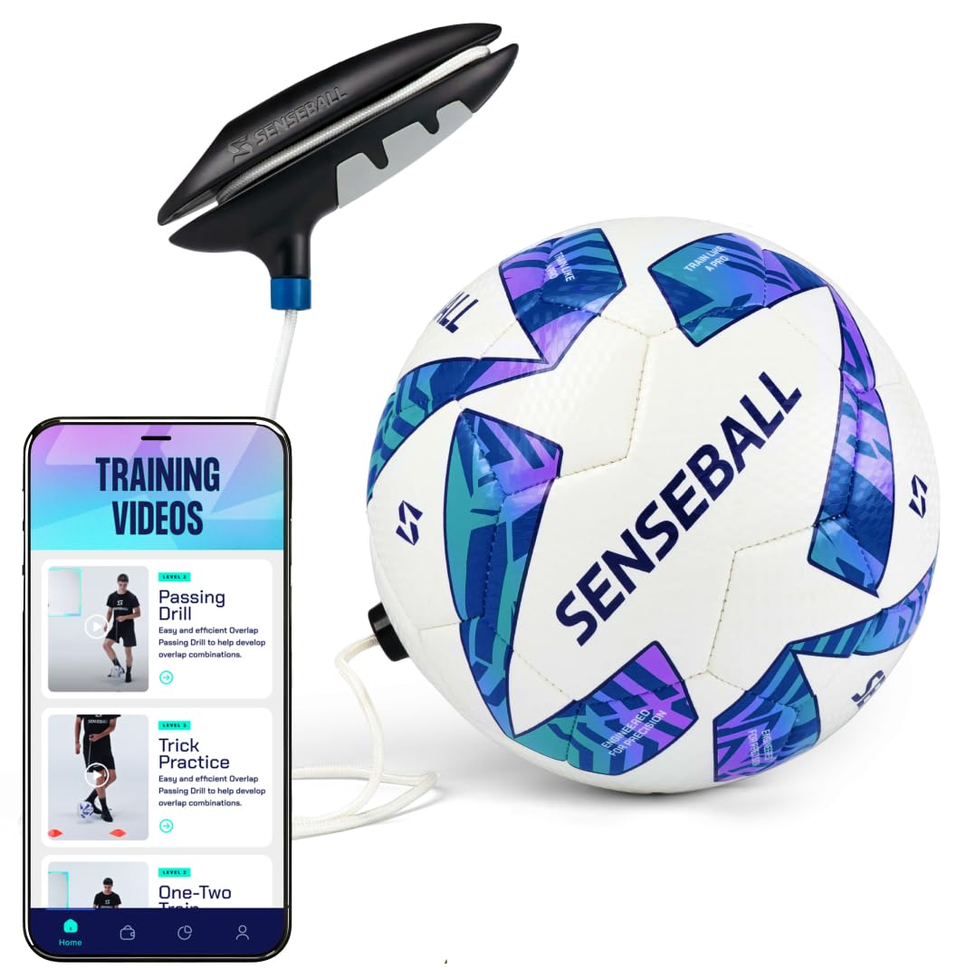 SenseBall futbola treniņu bumba ar lietotni, 3. izmērs, zila un balta, futbola treniņu piederumu komplekts bērniem un zēniem, vairāk nekā 50 vingrinājumu videoklipu pavadošajā lietotnē bumbas kontrolei un reakcijas treniņam
