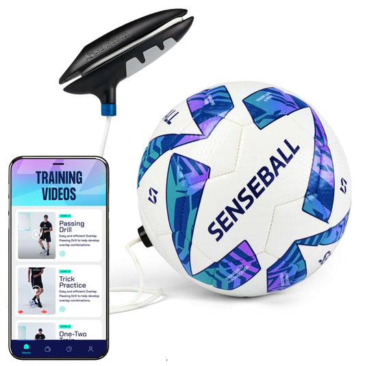 SenseBall futbola treniņu bumba ar lietotni, 3. izmērs, zila un balta, futbola treniņu piederumu komplekts bērniem un zēniem, vairāk nekā 50 vingrinājumu videoklipu pavadošajā lietotnē bumbas kontrolei un reakcijas treniņam