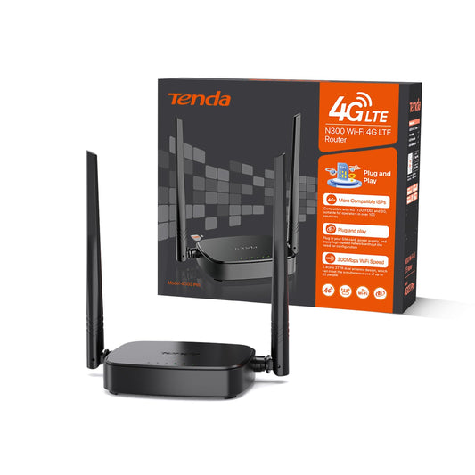 Tenda 4G03 Pro 4G LTE maršrutētājs, WLAN maršrutētājs Nano-SIM kartēm (N300 CAT4, 150 Mbit/s lejupielādē, 300 Mbit/s 2,4GHz) 2*4dBi antenas, Plug & Play, Fast-Ethernet ports, lietotne, maršrutētāja režīms, LED, melns