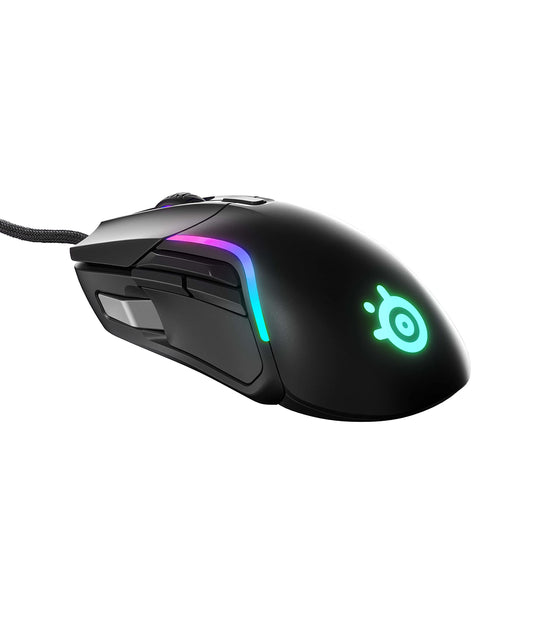 SteelSeries Rival 5 - Ergonomic optical gaming mouse, black and gray, customizable RGB lighting, 9 programmable buttons.