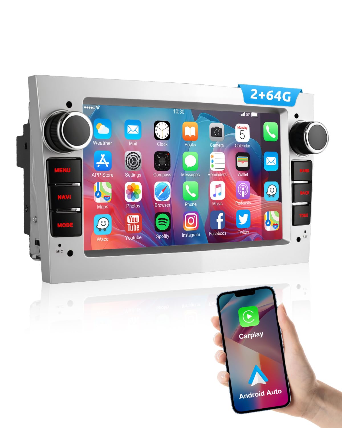 ESSGOO 7" 2+64G Android 14 autoradio bezvadu CarPlay Android Auto Opel