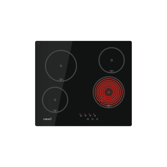 CATA TN 604 stikla keramikas plīts melnā krāsā 4 vārīšanas zonas High Light 9 jaudas līmeņi regulējami ar skārienkontroli ar akustisko signālu jauda 6kW platums 59 cm