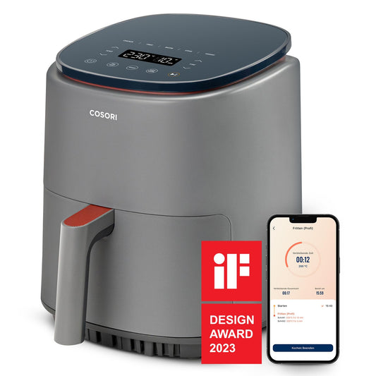 COSORI Lite karstā gaisa fritēšanas ierīce 3.8L - 7 funkcijas, WiFi, 1500W, trauku mazgājamā mašīnā mazgājama, pelēka