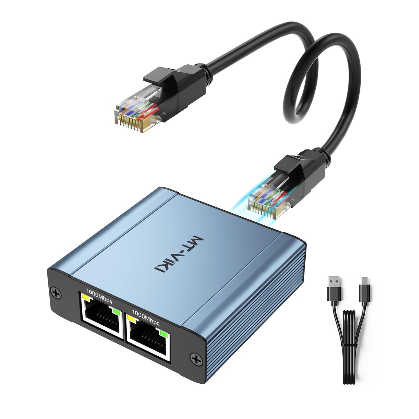 LAN sadalītājs 1 uz 2 MT-VIKI, 2 portu RJ45 tīkla sadalītājs, Ethernet slēdzis datoram, maršrutētājam, televizora pierīcei un digitālajai TV, 1000Mbps, ar USB strāvas kabeli
