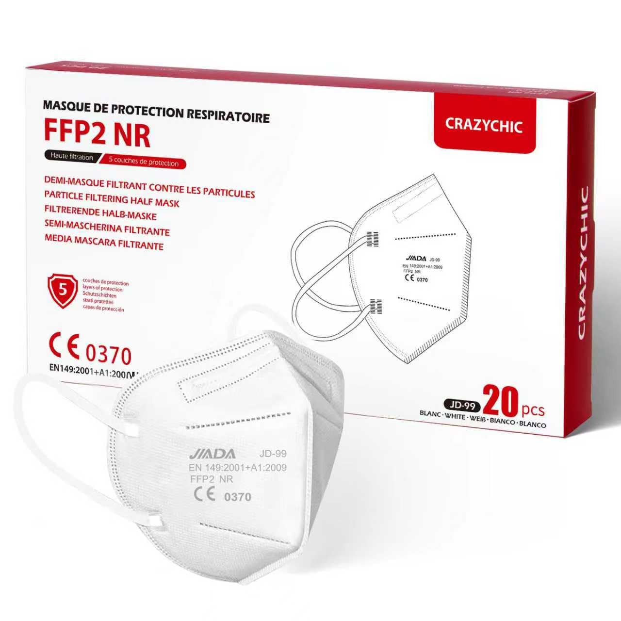 FFP2 maskas CRAZYCHIC, 20 gab., baltas, 5 slāņi, aizsardzība pret putekļiem un aerosoliem, EN149:2001+A1:2009, augsta filtrācija, atsevišķi iepakotas