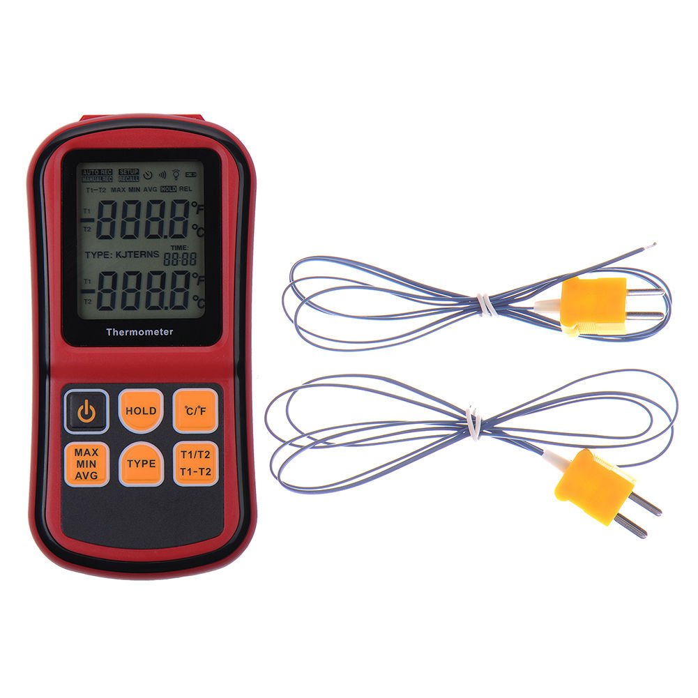Digitālais RGBS termometrs ar 2 kanāliem, 2 K tipa termopāriem, LCD fona apgaismojumu un atbalstu K/J/T/E/R/S/N termopāriem