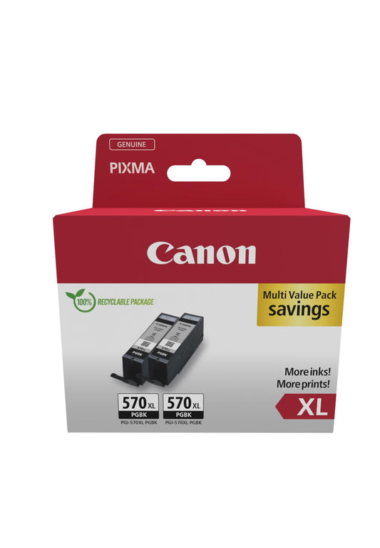 Canon PGI-570 XL Twin - 2 high-capacity black ink cartridges, eco-friendly packaging, theft prevention label.