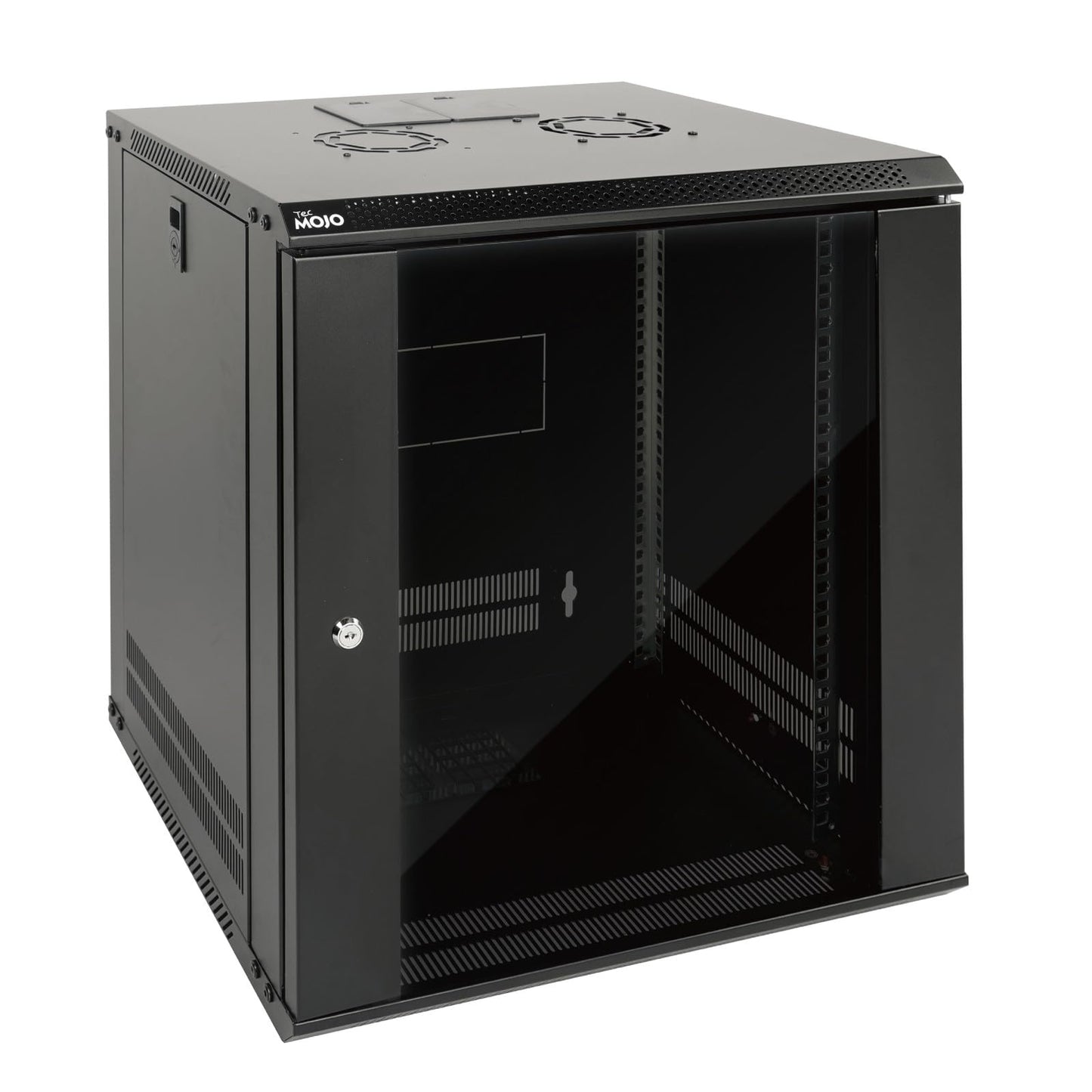 Tecmojo 19 collu 12HE 450mm dziļuma tīkla skapis, servera skapis sienas montāžai, 19" IT tīkla rack korpuss, slēdzamas durvis un sānu paneļi, stikla durvis, flat-pack, melns
