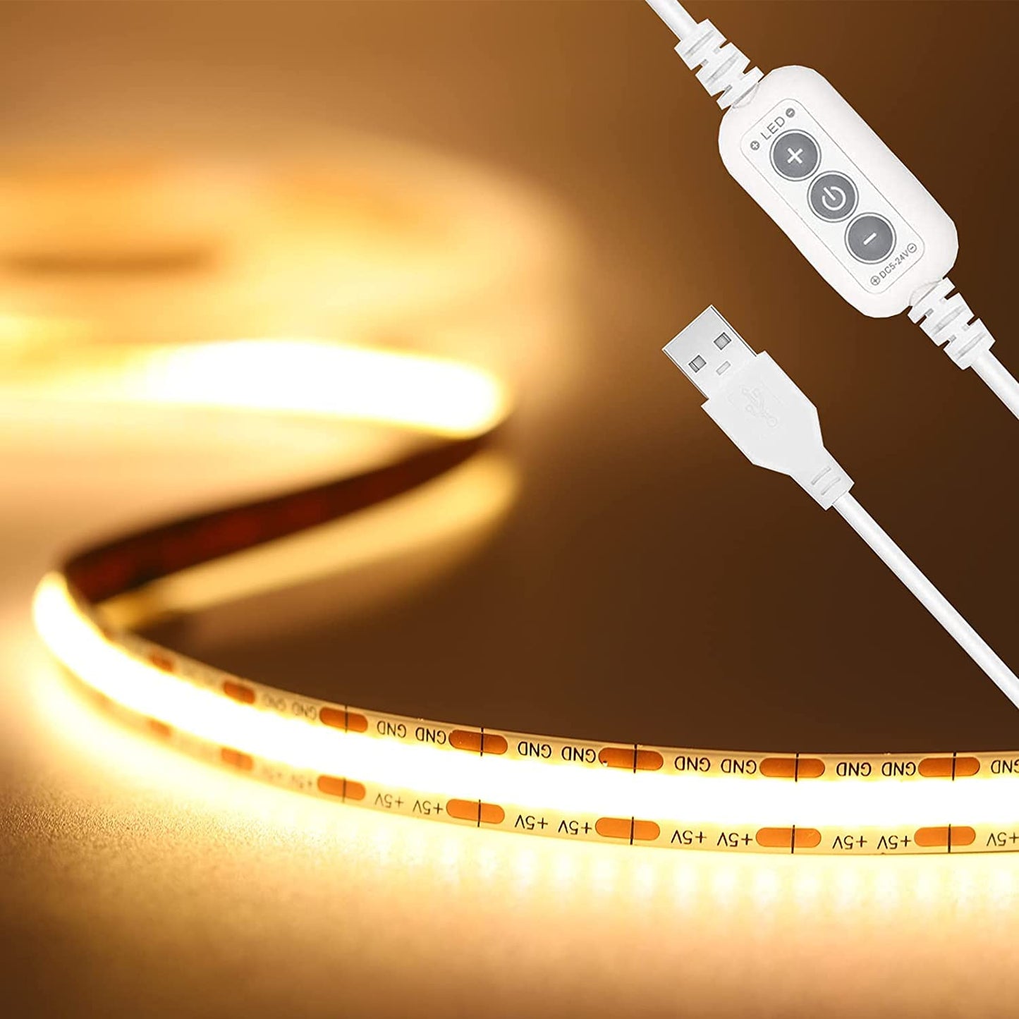 PAUTIX USB 5V LED lente silti balta 3000K 2M, TV apgaismojums, 640 LED, regulējama COB LED lente, CRI90+, elastīga LED lente guļamistabai un mājas DIY apgaismojumam