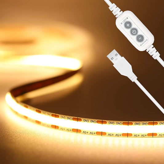 PAUTIX USB 5V LED lente silti balta 3000K 2M, TV apgaismojums, 640 LED, regulējama COB LED lente, CRI90+, elastīga LED lente guļamistabai un mājas DIY apgaismojumam