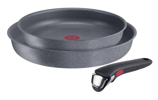 Lagostina Ingenio Mineralis Eco pan set - 100% recycled aluminum, 3 pieces, Ø 24 & 28 cm, removable handle, durable base.