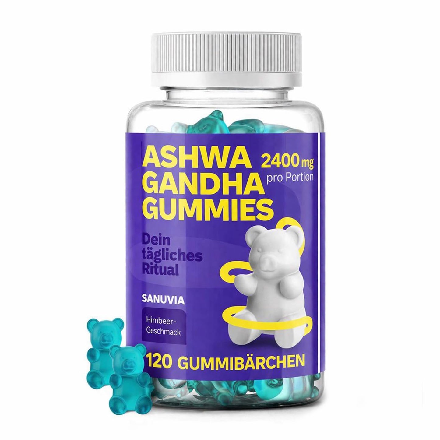 Ašvagandas gumijas konfektes 2400 mg – 120 vegāniski želejkonfekšu – augstas koncentrācijas 30:1 ekstrakts ar aveņu garšu, bez želatīna un glutēna – 30 dienām