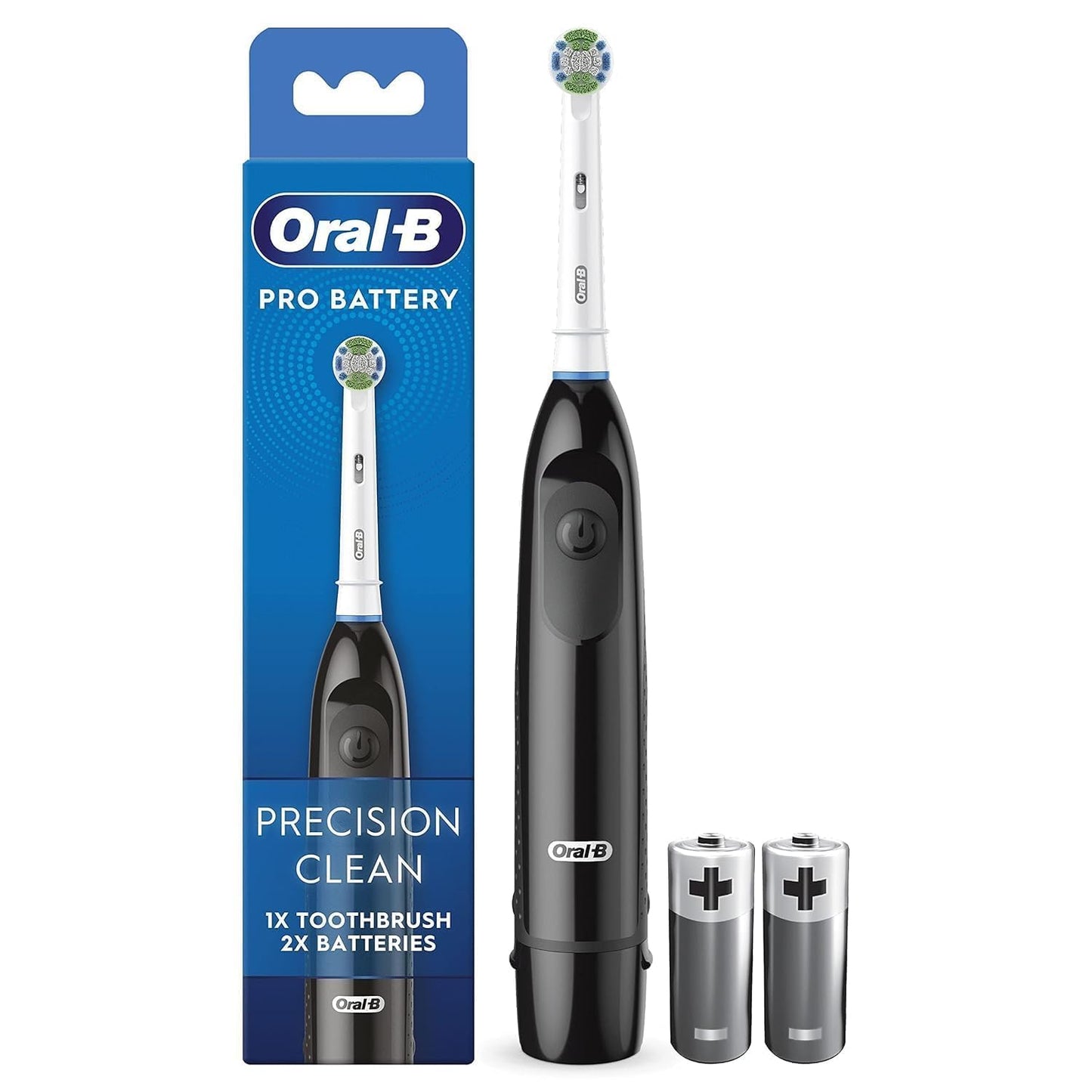 Oral-B Pro ar bateriju darbināma zobu birste, Precision Clean uzgalis, aplikuma noņemšanai, 2 baterijas komplektā, melna