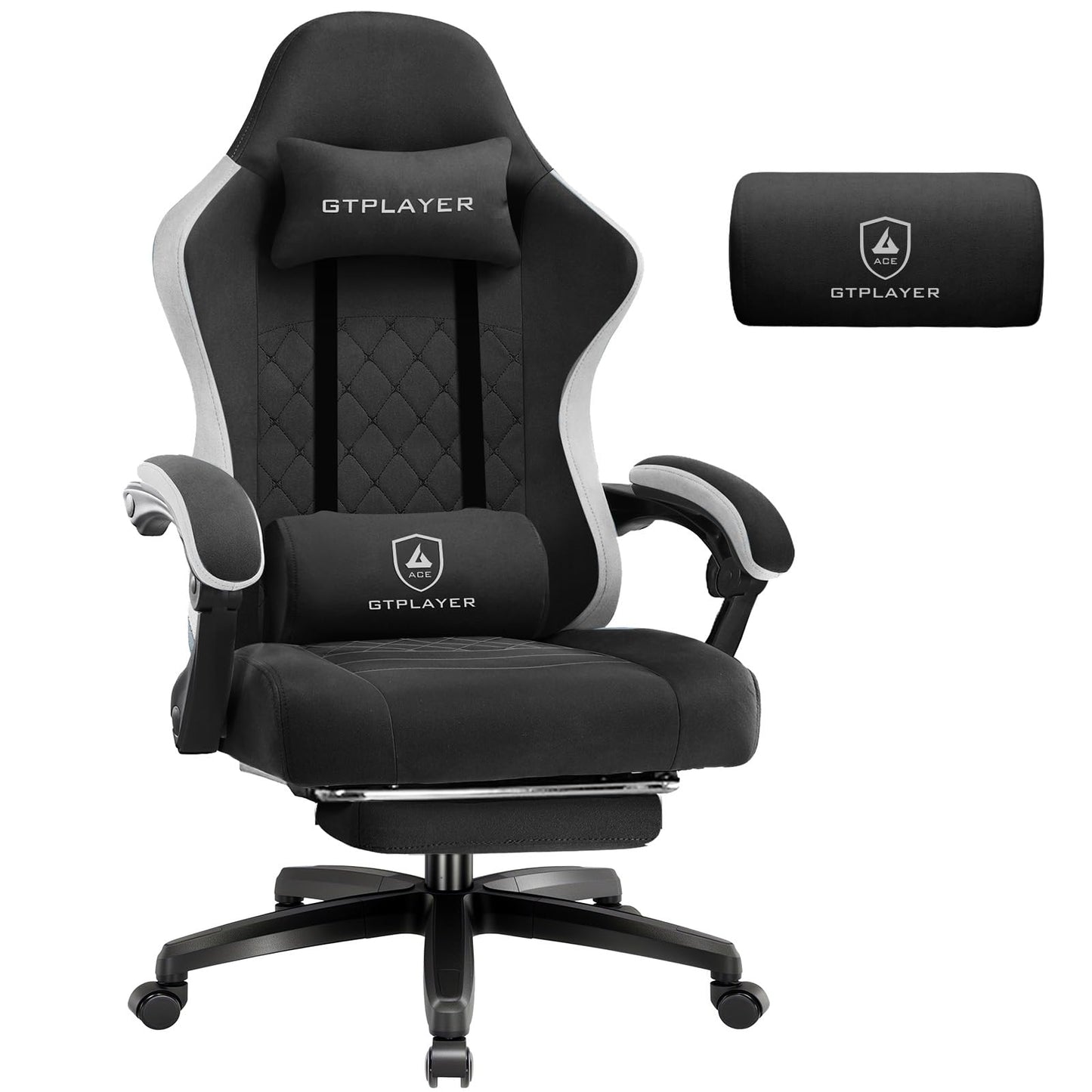 GTPLAYER gaming krēsls no auduma, gaming krēsls ar kabatu atsperu spilvenu, ergonomisks grozāms krēsls, spēlētāju krēsls ar kāju balstu, 150 kg slodze, melns