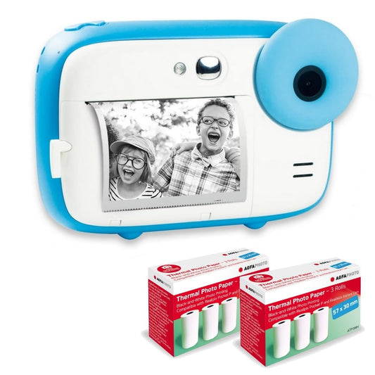 AGFA Photo Realikids Instant Cam - 2.4" LCD, lithium battery, selfie mirror, photo filters, includes 6 rolls of thermal paper, blue